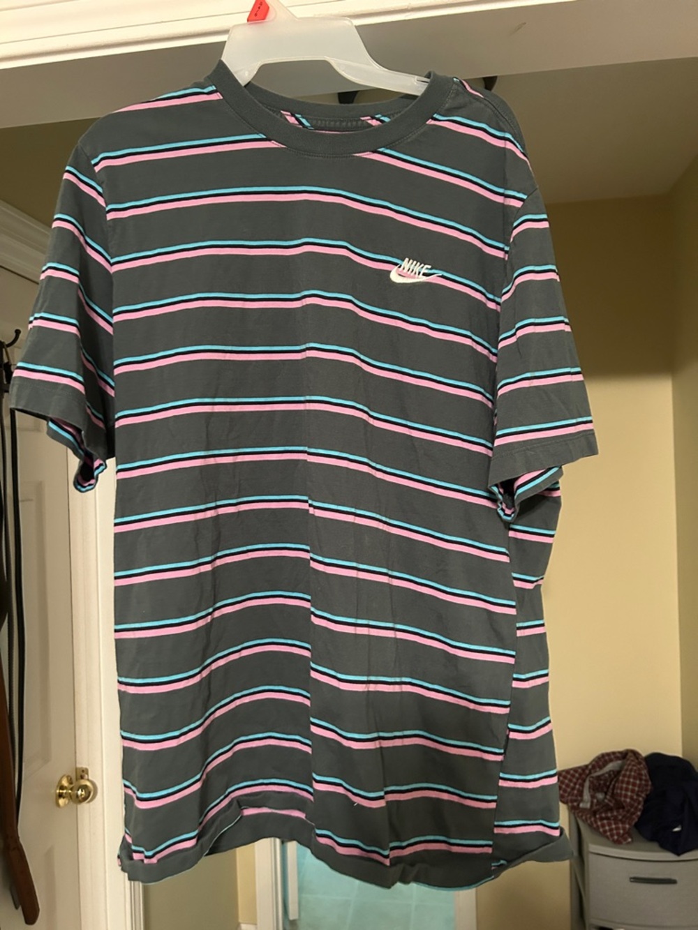Nike Men's Short-Sleeve Striped Crew Tee - Charcoal with Pink & Teal Stripes